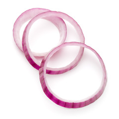 Sliced red onion rings isolated on white background cutout