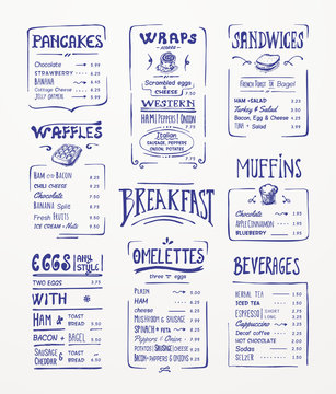 Breakfast menu. Blue pen drawing