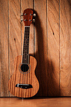 ukulele guitar with wooden wall background