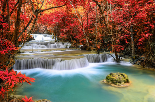 Fototapeta Beautiful deep forest Waterfall ,Huay Mae Khamin, Kanchanaburi ,