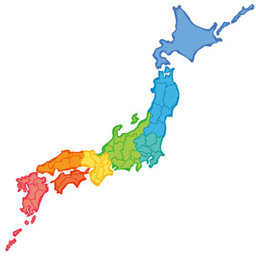 筆で書いた日本地図　カラフル　地方