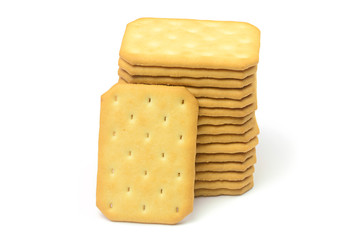 Salty crackers in square shape on white background