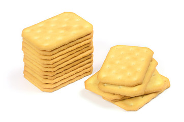 Salty crackers in square shape on white background