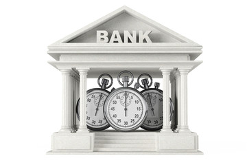 Time Save Concept. Bank Building with stopwatch
