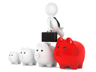 Businessman steps up on pigy bank growing chart