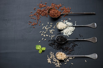 Red, brown, white and black raw rice kernels, horizontal shot