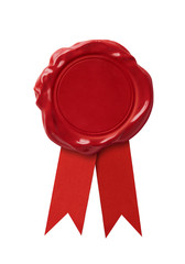 Red wax seal signet with ribbon isolated