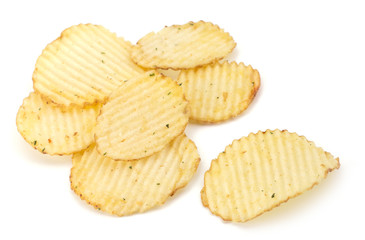 Spicy potato chips isolated on white background