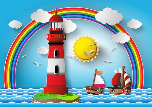 Vector illustration  lighthouse with seascape.