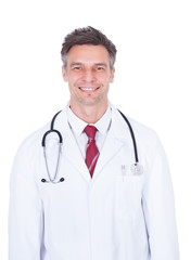 Doctor With Stethoscope Around Neck Over White Background