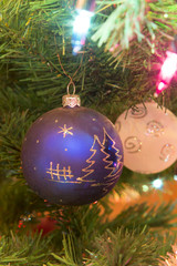 Beautiful dark blue glass balls on Christmas Tree