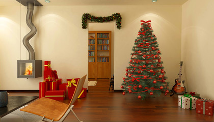 Interno domestico, soggiorno, natalizio, feste di natale