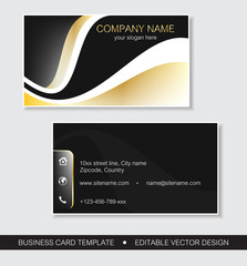 Business card template with gold curves, front and back side