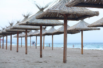 sandy beach sunbeds umbrellas sea