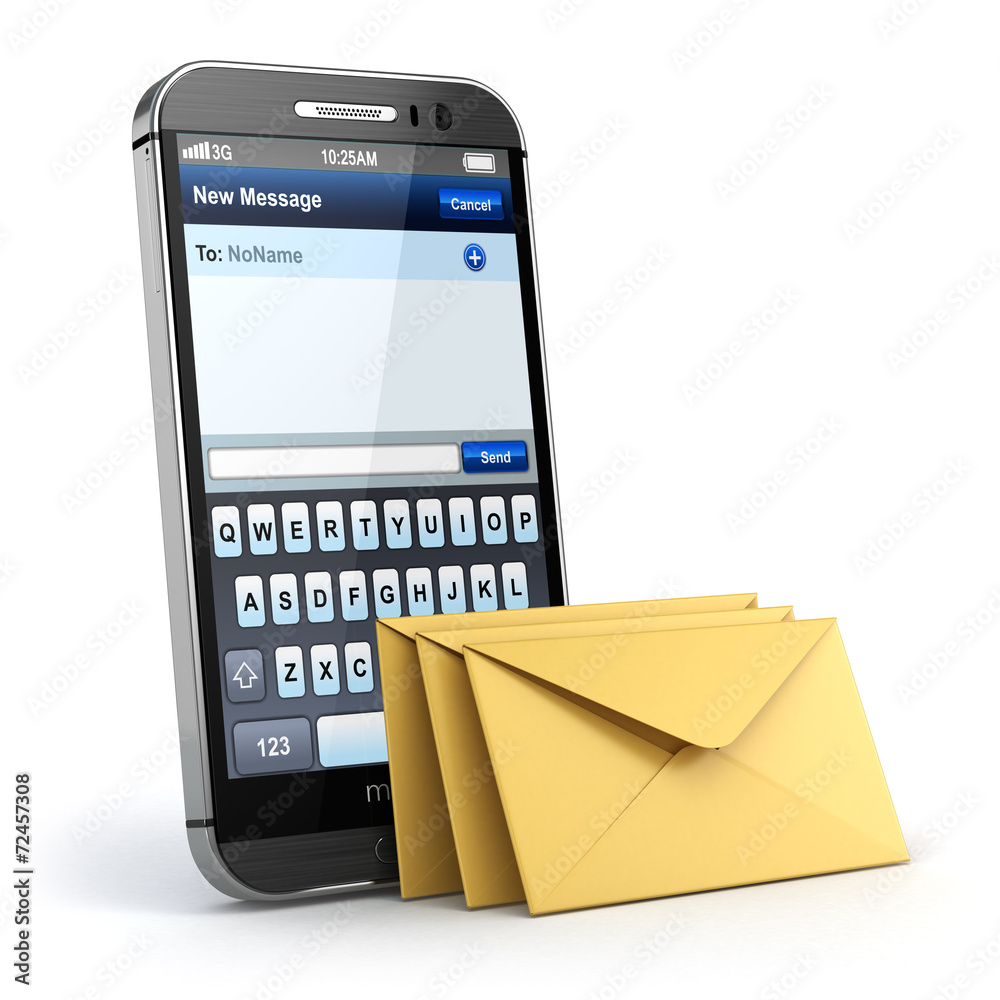 Poster mobile phone with short message service. sms on the screen.