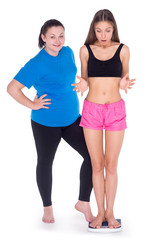Overweight discouraging thin young woman