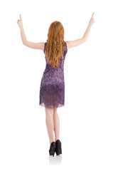 Fototapeta premium Woman pressing virtual button isolated on white