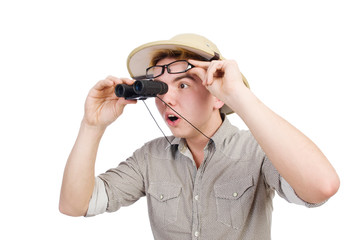 Man in safari hat in hunting concept