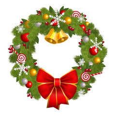 Christmas wreath with red bow  isolated on whitw