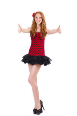 Woman giving thumbs up isolated on white