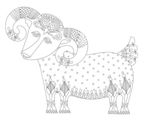 goat symbol of 2015 year, decorative drawing in ethnic style