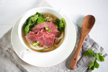 Beef udon noodle soup with brisket, vietnam pho with coriander