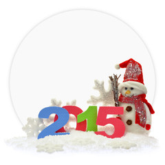 Snowman and new year 2015 in front of a paper card