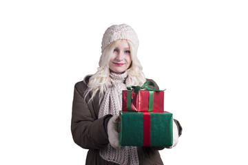 smiling blonde woman  with Christmas gifts