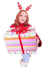 Beautiful blonde woman with reindeer antlers