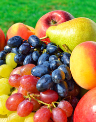 Ripe grape, peaches, pears on the grass