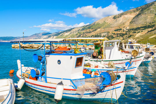 Greek fishing boats in port of Zola village, Kefalonia island