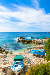 Fototapeta na wymiar Fishing boats on Petani beach, Kefalonia island, Greece