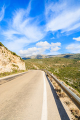 Scenic coastal road in mountain landscape of Kefalonia island