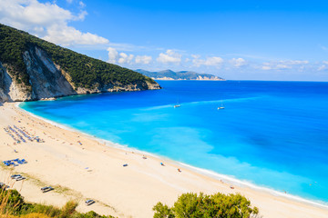 View of beautiful Myrtos bay and beach on Kefalonia island - obrazy, fototapety, plakaty