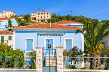 Typical blue Greek house in Vathi port on Ithaka island, Greece