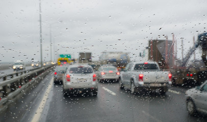 Defocussed traffic viewed through a car windscreen covered