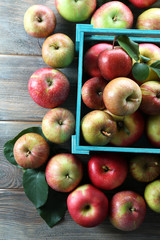Juicy apples in box, close-up