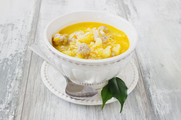 soup with meatballs and rice