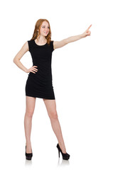 Woman pressing virtual button isolated on white