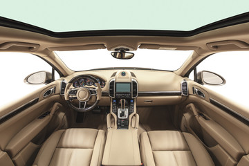 Interior of prestige modern car. Beige cockpit