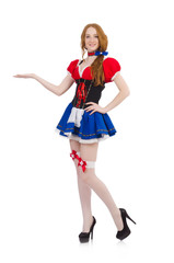 Woman waiter with movie board isolated on white