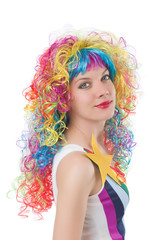 Fototapeta na wymiar Woman with colourful wig isolated on white