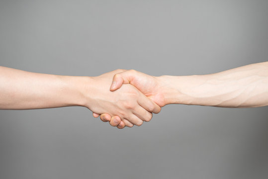 Hand holding hand isolated over gray background - Friendship, Sh