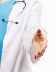 A female doctor's handshake, isolated on white background