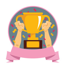 Hands holding winner cup flat vector illustration