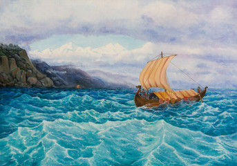 Oil painting on canvas. The rook with the vikings - 72482551