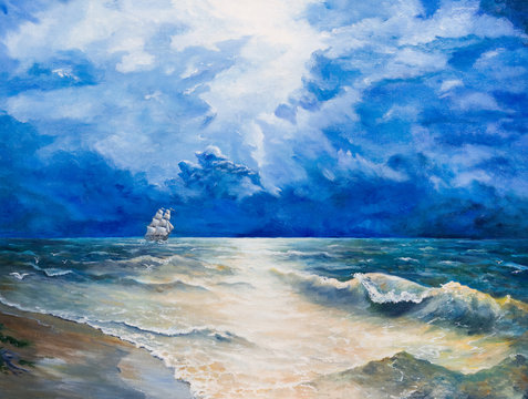 Oil painting on canvas. Drawing of boat is under sail