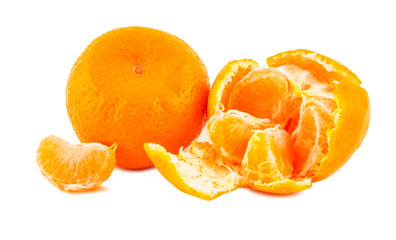 Peeled tangerine or mandarin fruit isolated on white background
