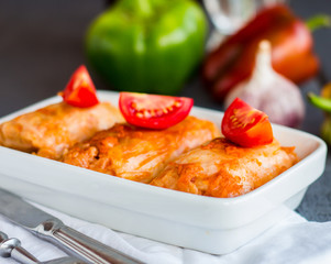 stuffed cabbage with meat and fresh tomatoes, Ukrainian cuisine