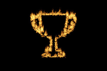 burning trophy cup with flame on dark background